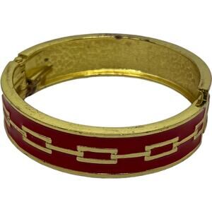 Vintage 1990s Red Enamel Gold Chain Link Hinged Bangle Bracelet Statement Cuff
